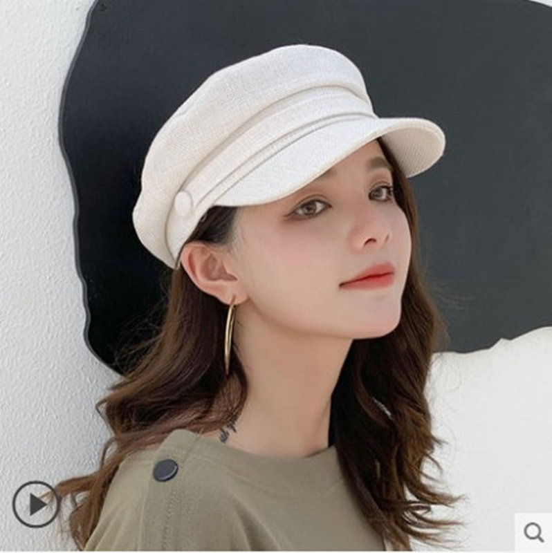 网红日系复古白色平顶棉麻海军帽子女韩国ins英伦八角贝雷帽四季