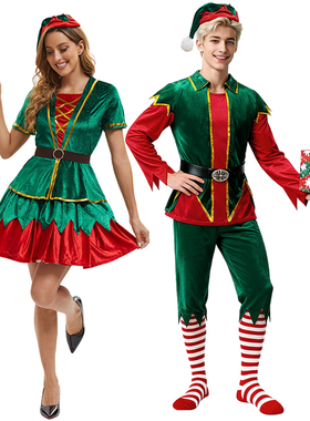 成人圣诞节服装绿色精灵Santa's Helper Costume情侣舞台表演服装
