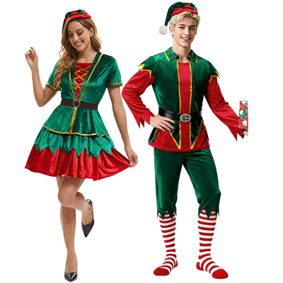 成人圣诞节服装绿色精灵Santa's Helper Costume情侣舞台表演服装