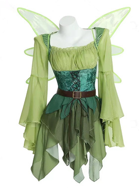 女生万圣节派对中世纪绿野仙踪cos服装绿色森林精灵花仙子连衣裙