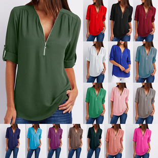 shirt chiffon tops women blouse ladies T恤V loose neck