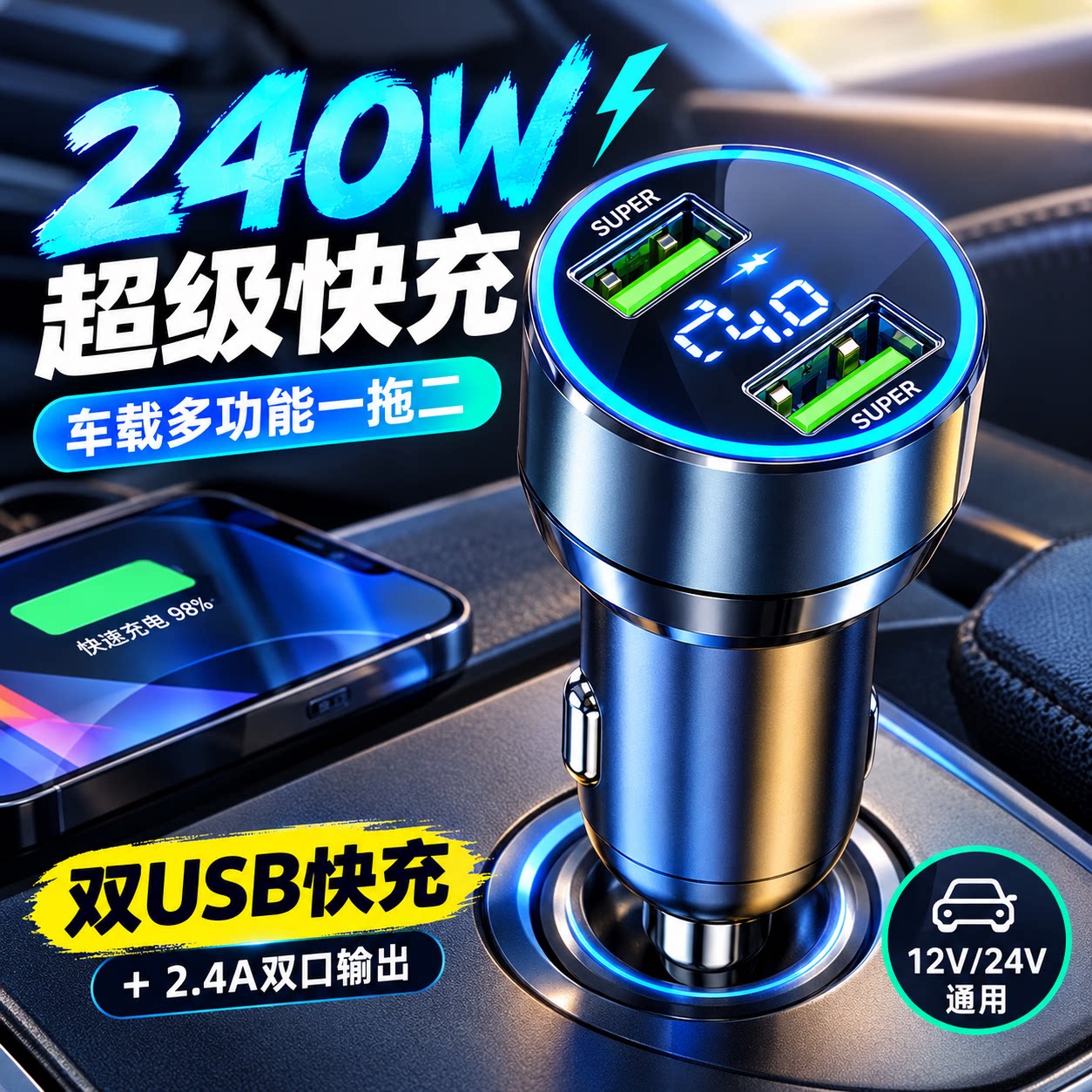 车载充电器汽车多功能一拖二点烟器转换插头双usb万能型手机快充