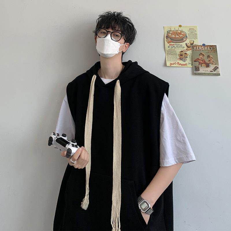 300斤特大码织带连帽背心男宽松加肥高街运动无袖t恤夏季坎肩卫衣