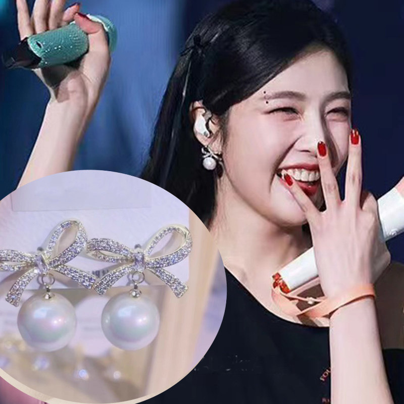 韩国明星同款金色飘带蝴蝶结大珍珠耳环小众轻奢高级感气质耳饰女
