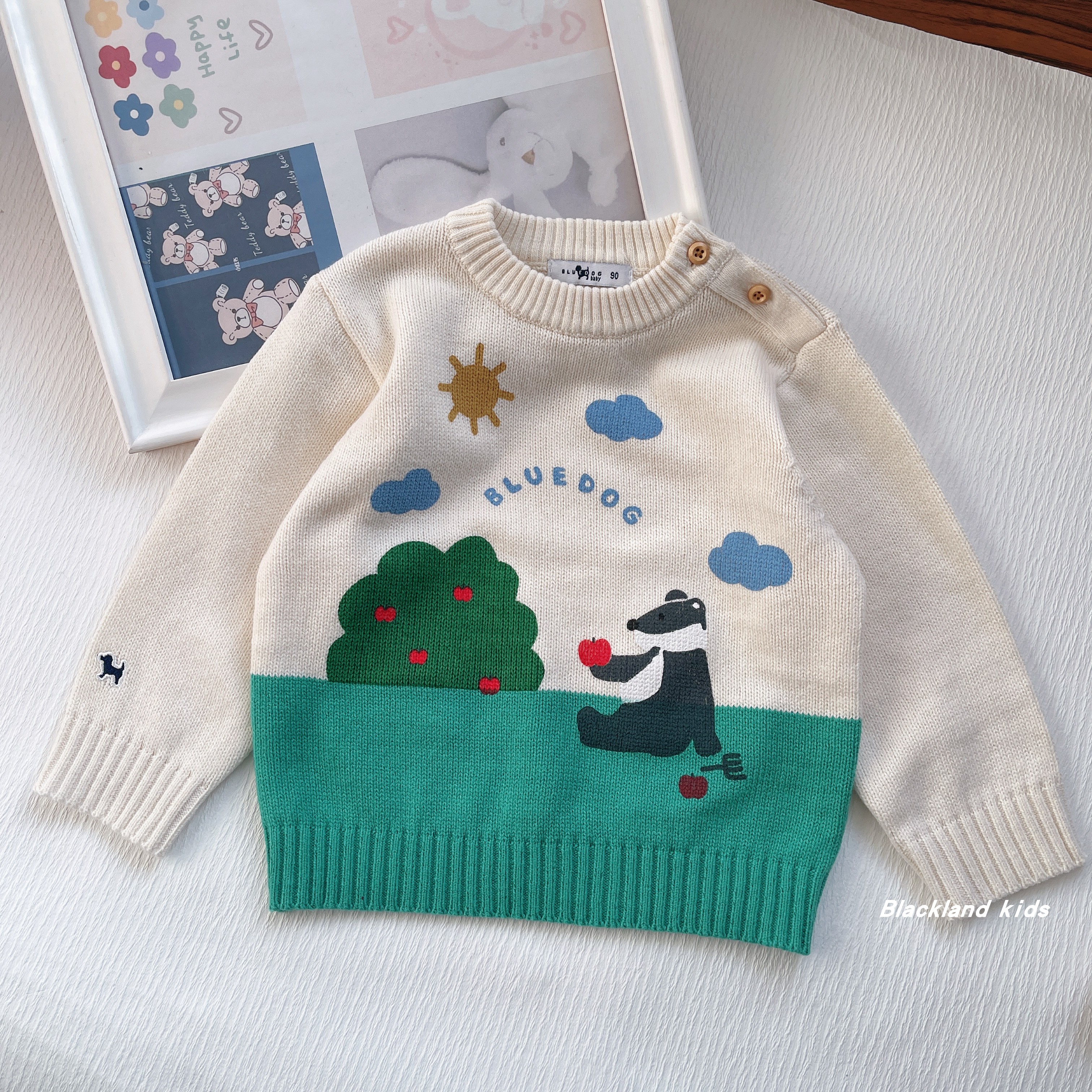 油画毛衣韩国童装春秋冬款男女童宝宝棉线柔软圆领保暖套头针织衫