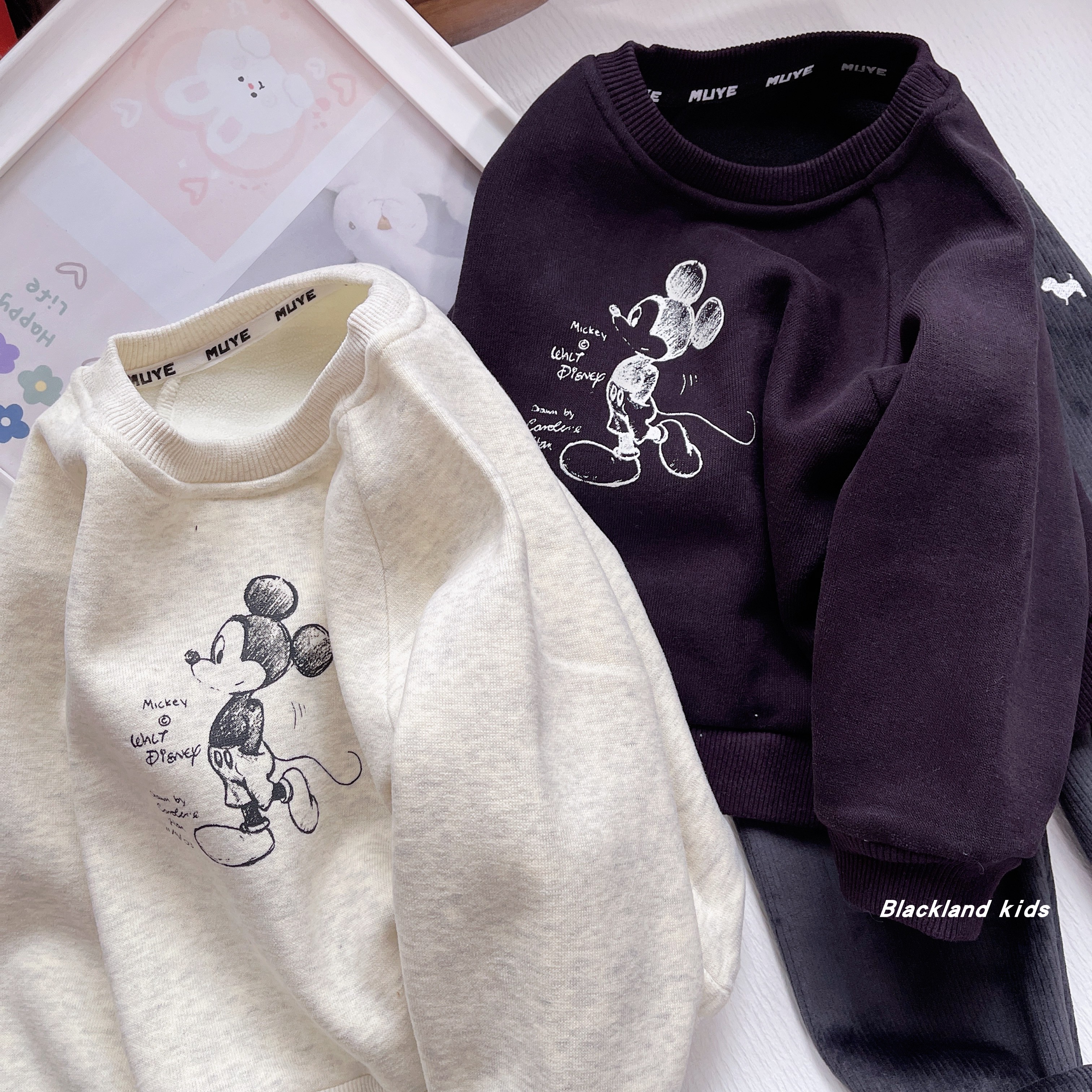 90-150码冬款童装 男童女童加绒米奇卫衣 儿童宝宝一体绒保暖上衣