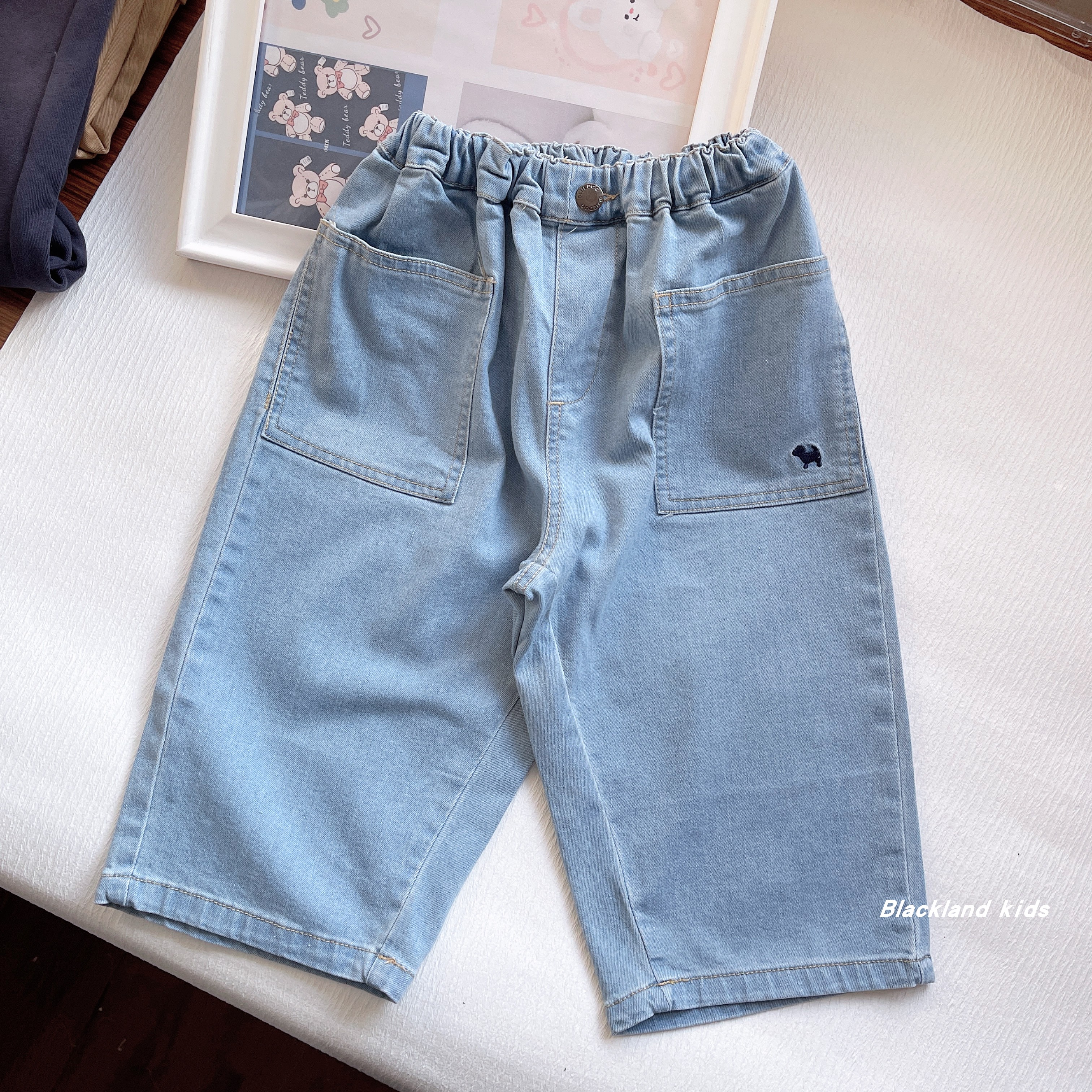 牛仔裤软糯宽松 韩国童装 春秋款 男童女童浅色阔腿牛仔裤长裤子