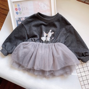 90-150码韩版童装春秋款 女童大毛圈纱纱裙拼接裙衣 儿童宝宝卫衣