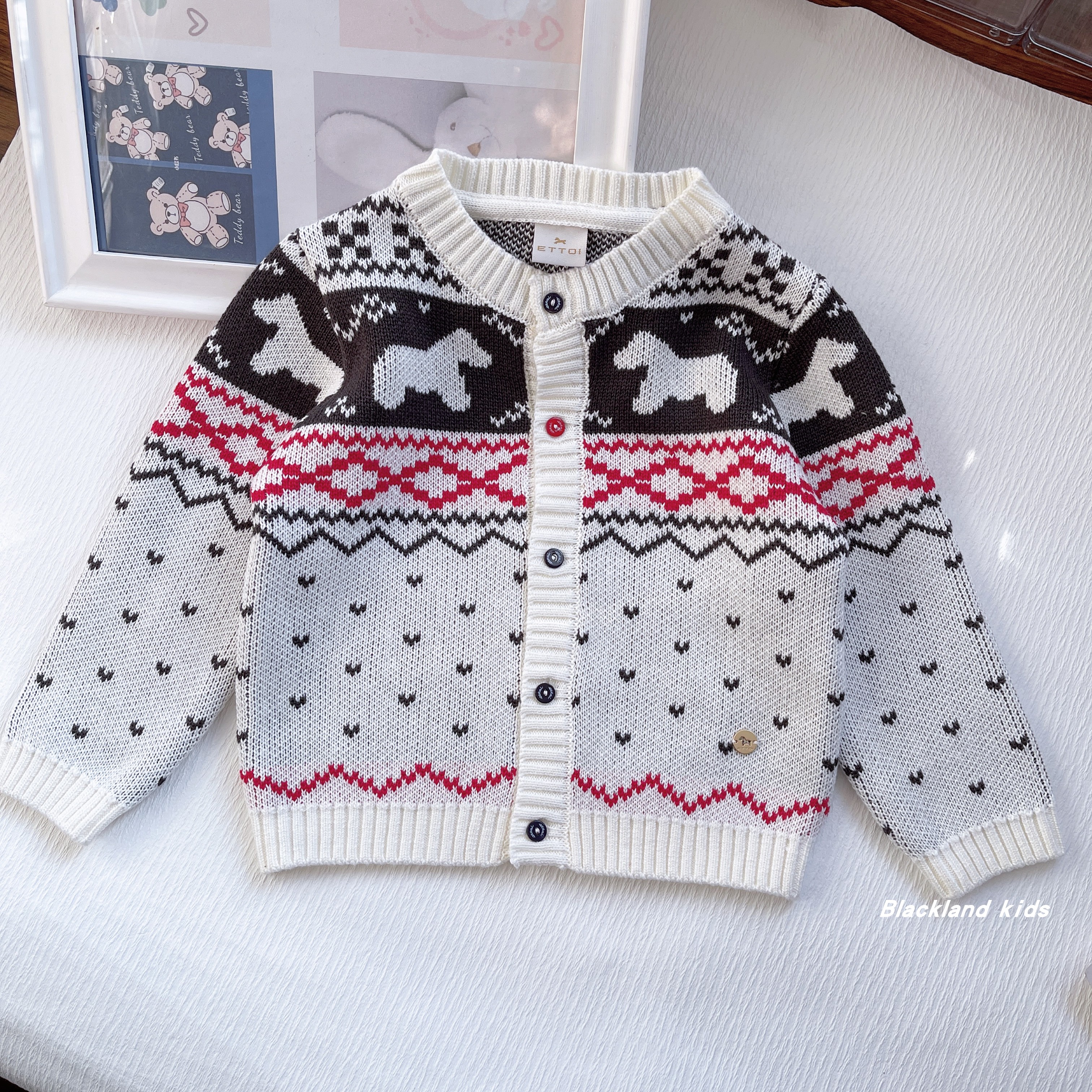 韩国童装春秋冬款男女童费尔岛提花纯棉线开衫毛衣儿童宝针织外套