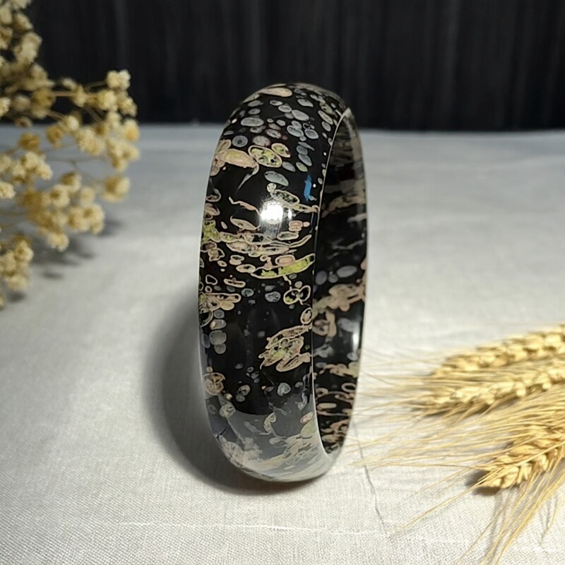 天然原矿梅花玉水墨丹青意境手镯水墨画风意境镯子58