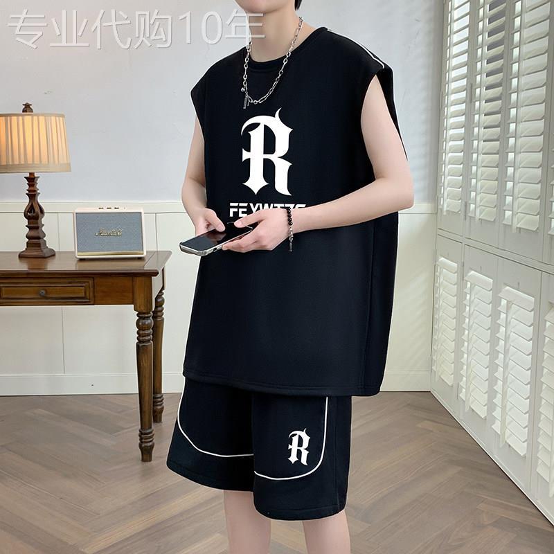 冰丝无袖T恤套装男夏季薄款潮牌美式宽松背心短裤痞帅篮球运动服