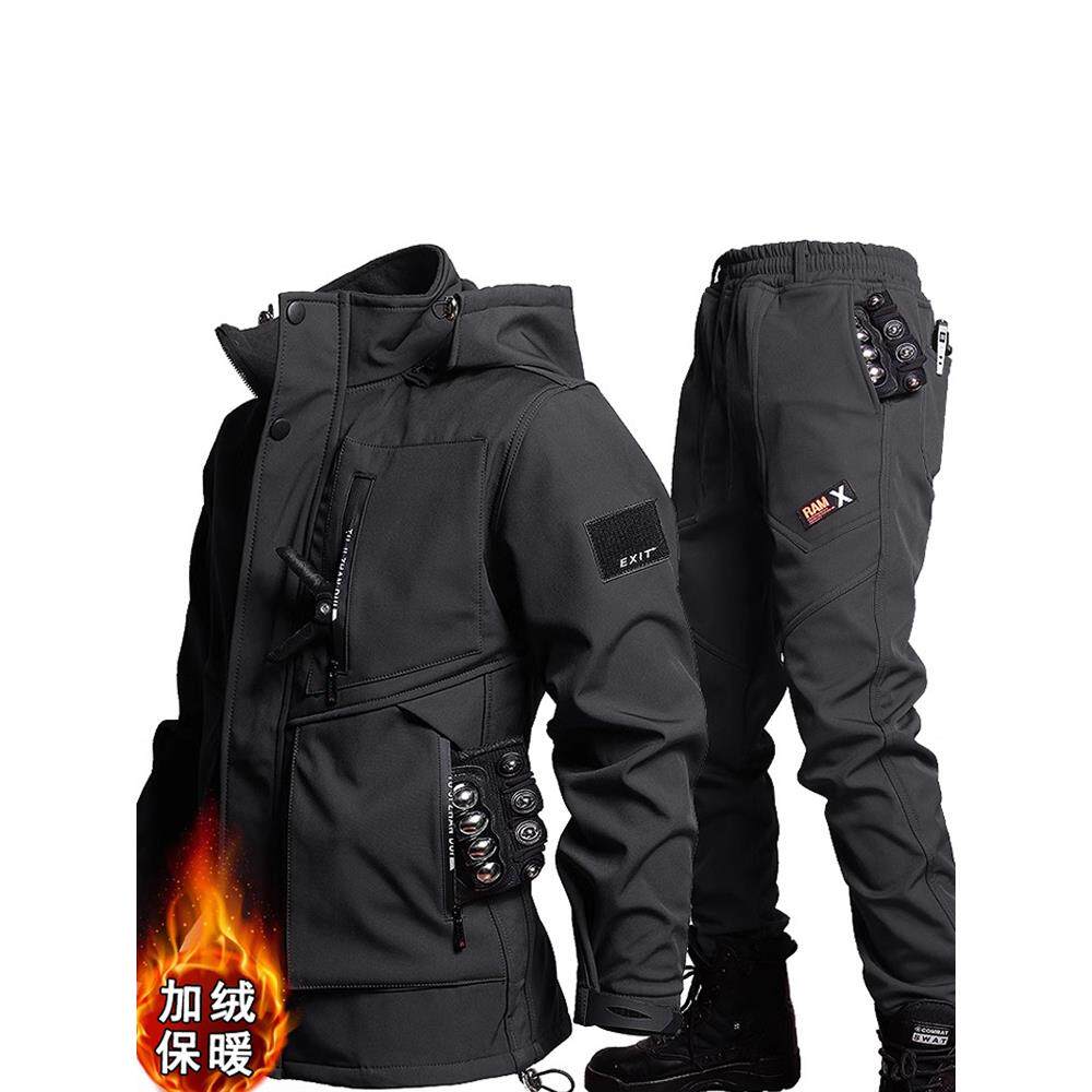 潮牌户外冲锋衣套装男士冬季2025新款防风加绒工作服工装棉服外套