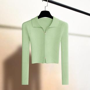 潮牌polo领拉链针织开衫女2025春秋季高腰紧身打底衫上衣外套毛衣