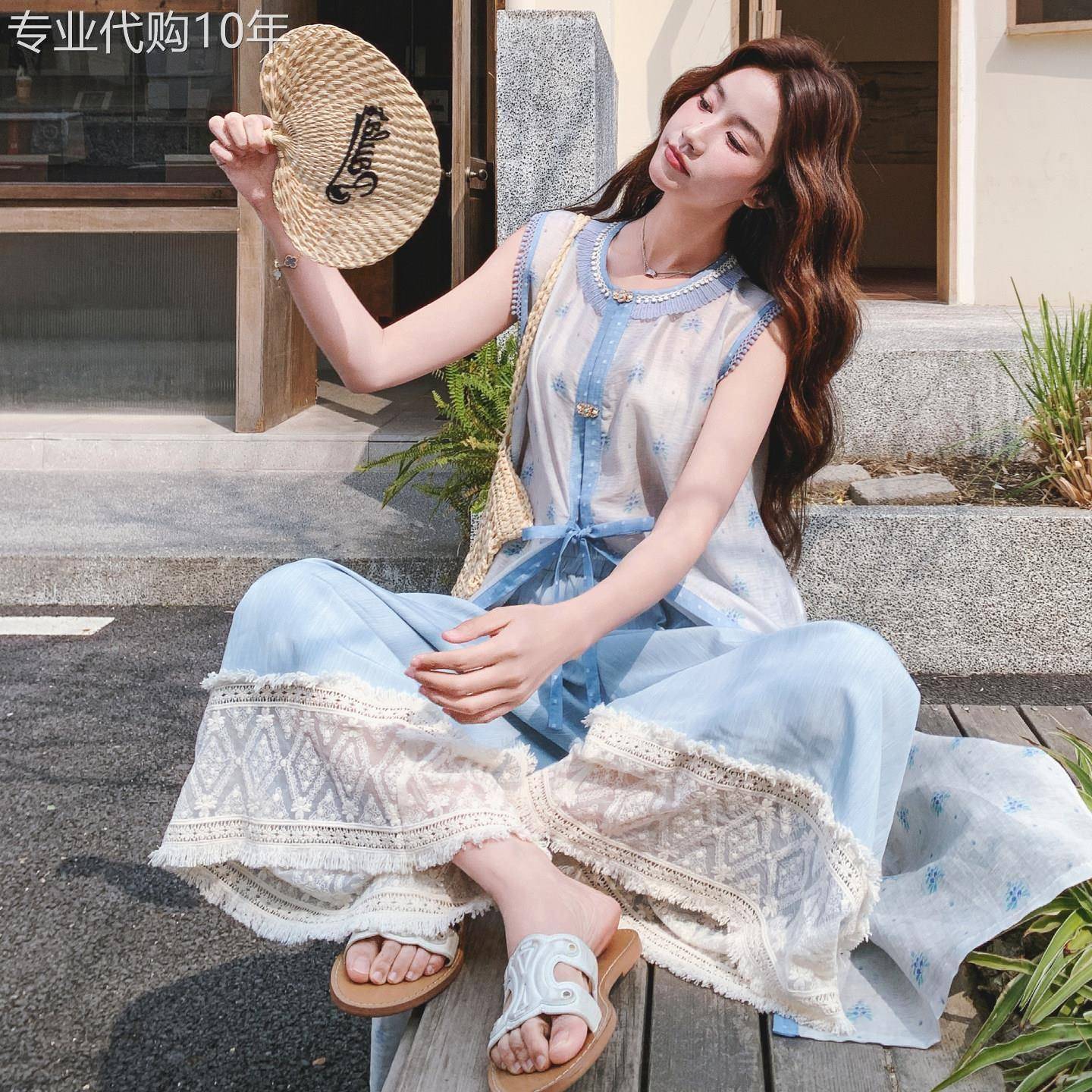 减龄文艺风撞色长版马甲两件套女2026夏季日系刺绣拼接阔腿裤套装