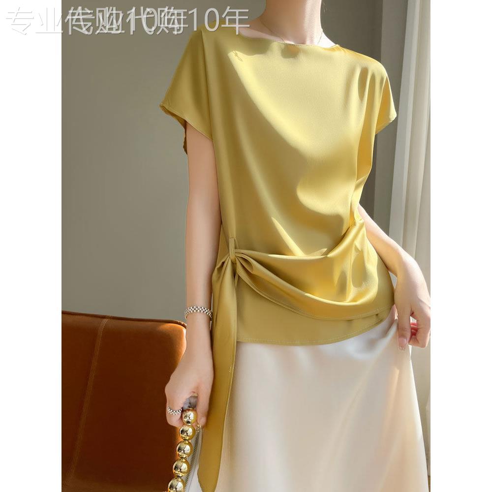 egmg醋酸缎面短袖上衣女夏季2025新款一字领套头宽松纯色洋气小衫