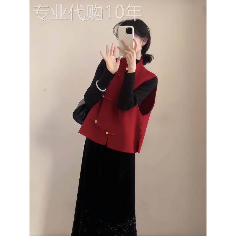 欧洲站秋装女2025新款新中式国风高级感红色马甲针织裙套装三件套