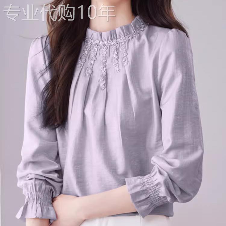 香港TIMO立领木耳边重工刺绣长袖衬衫女高级气质上衣法式别致小衫