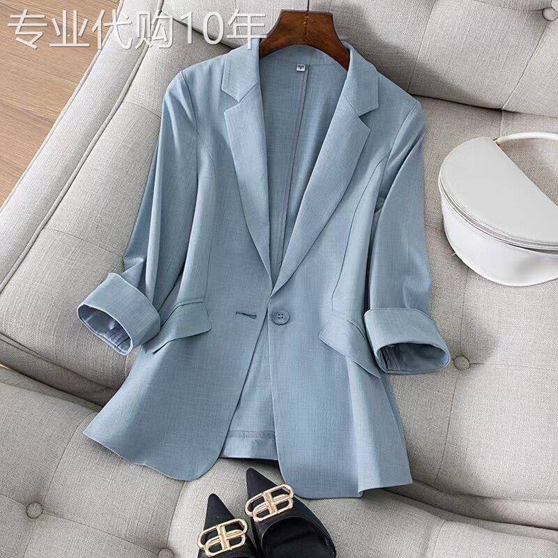 egmg天丝亚麻小西装外套女夏季薄款七分袖气质百搭修身西服女上衣