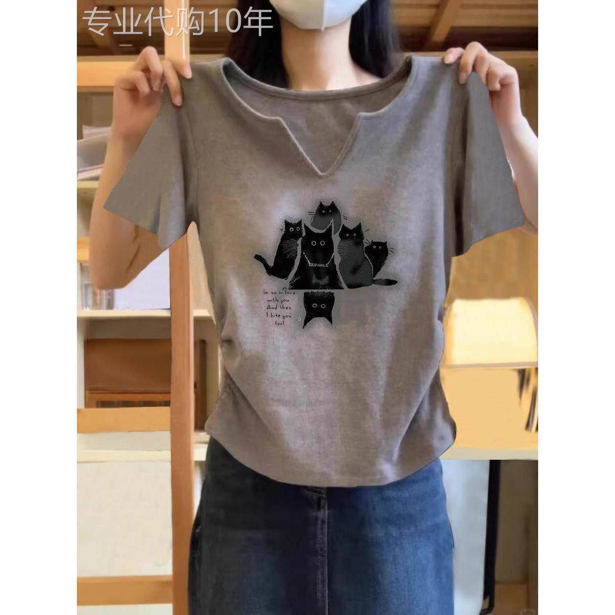 韩国夏季2025新款V领短袖t恤女纯棉修身掐腰设计感灰色上衣ins潮