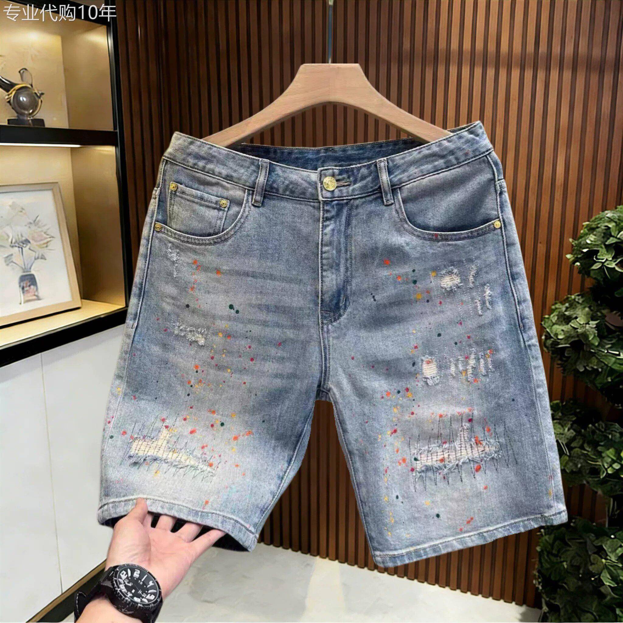 喷漆泼墨牛仔短裤男夏季2026新款潮牌修身休闲破洞刮烂水洗五分裤