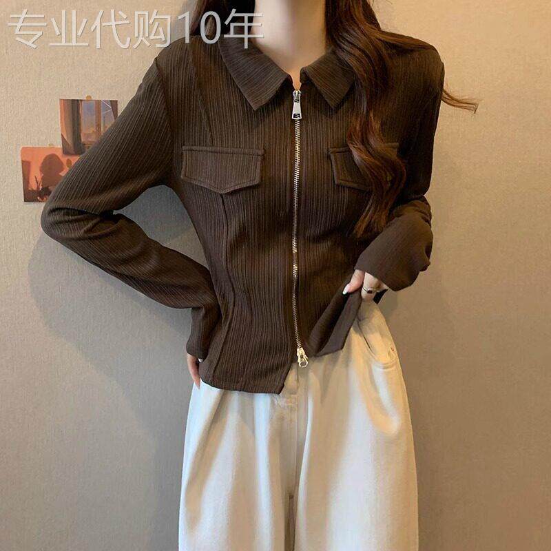 大码卫衣女春秋2025新款修身短款覆古设计感双拉炼Polo领长袖上衣