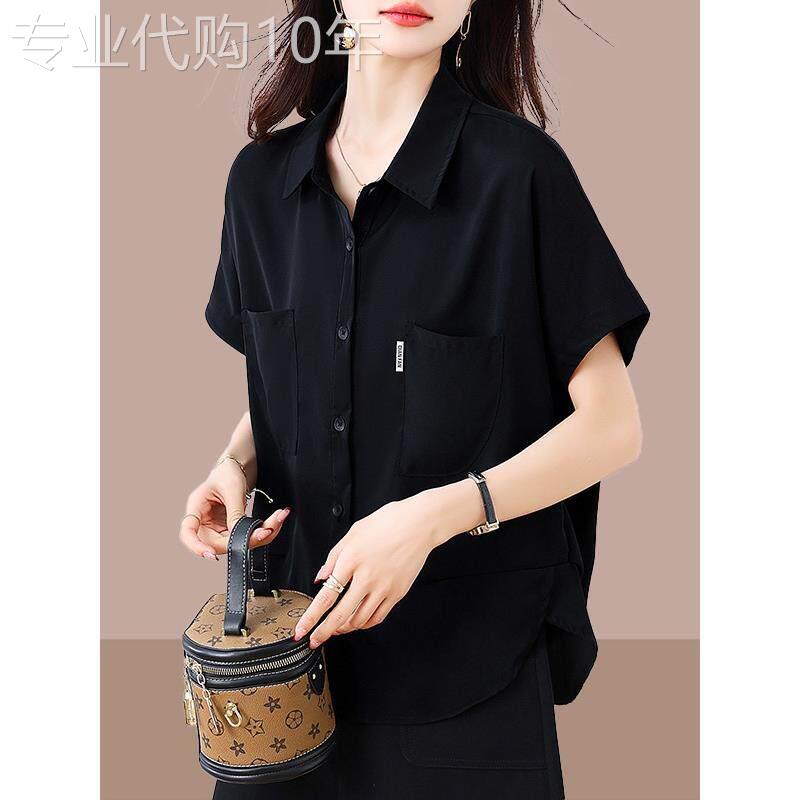高级感黑色polo领正肩短袖衬衫女夏季大尺码遮肚子显瘦洋派欧货上