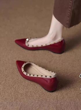 MK&DK.SW真皮内增高红色尖头浅口单鞋女2025新款瓢鞋铆钉玛丽珍鞋