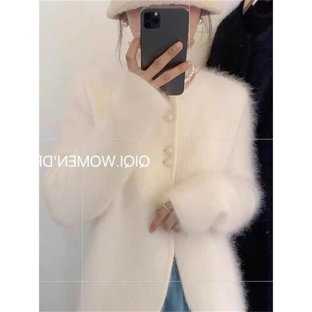 日系奶fufu氛围感白色彷貂绒针织开衫女秋冬高级感小香风毛衣外套