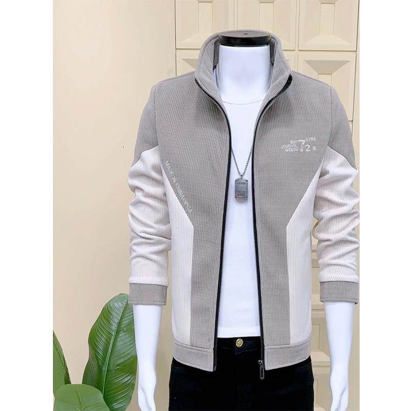 2025秋冬新款修身立领加绒保暖夹克男韩版拼色高级感百搭休闲外套