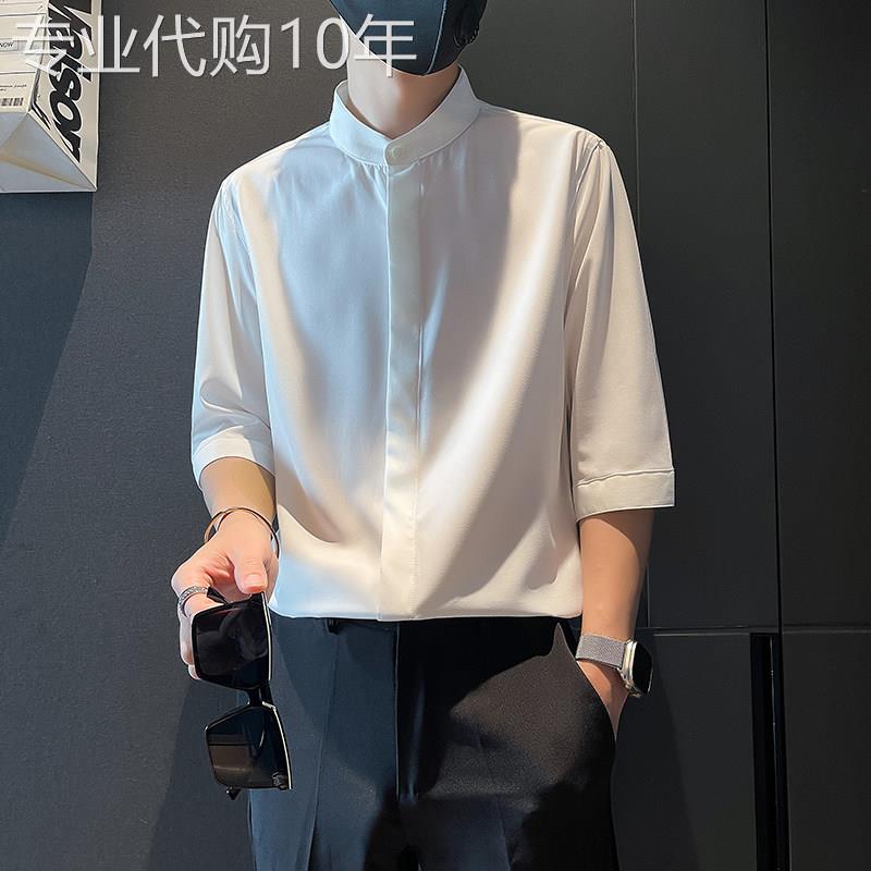 冰丝垂感衬衫短袖男2026新款夏季潮流痞帅白色衬衣休闲中袖上衣服