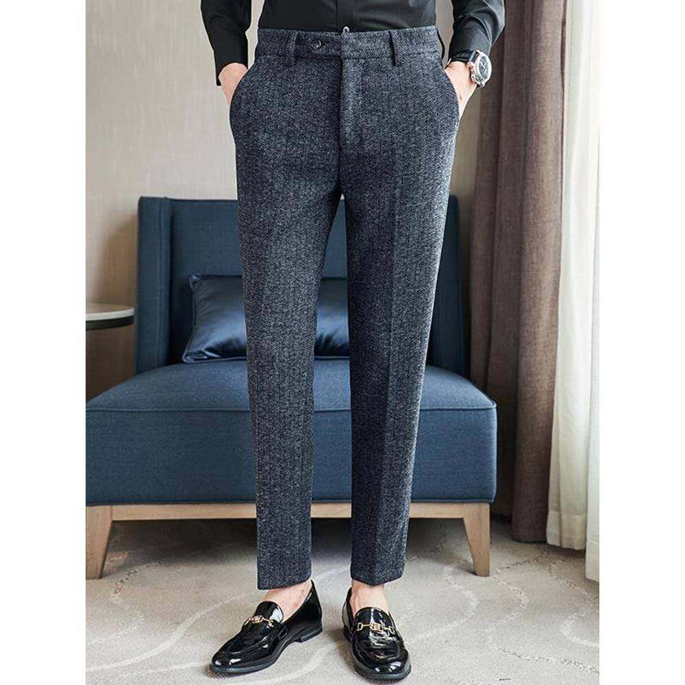 冬季羊毛呢西裤男士修休闲身商务小脚磨毛条纹西装加厚保暖长裤子