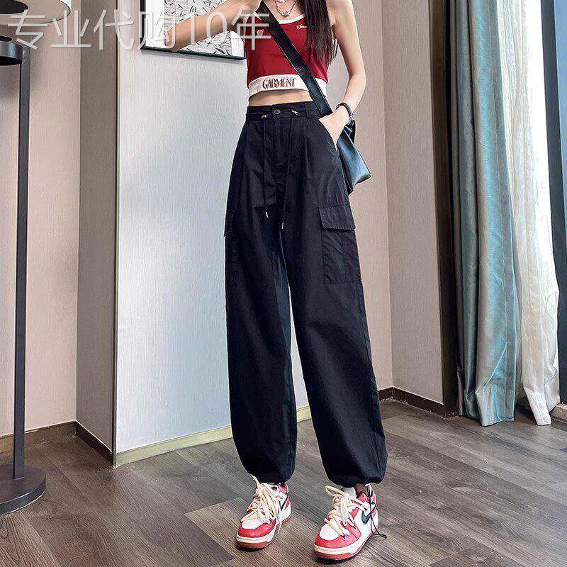 美式抽绳工装裤女春夏高腰显瘦宽松直筒阔腿束脚黑色小个子休闲裤