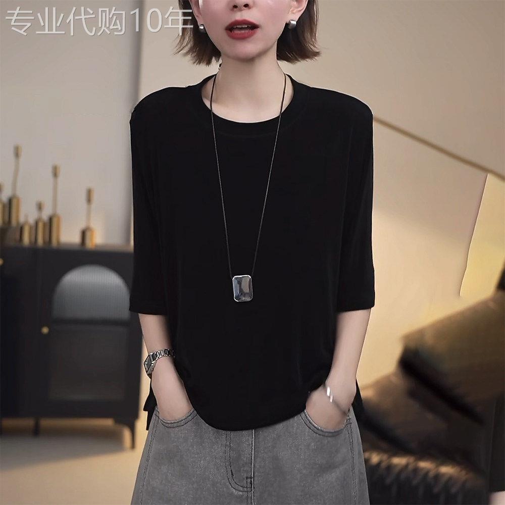黑色七分袖冰丝t恤女夏季2026新款宽松显瘦时尚减龄洋气醋酸上衣