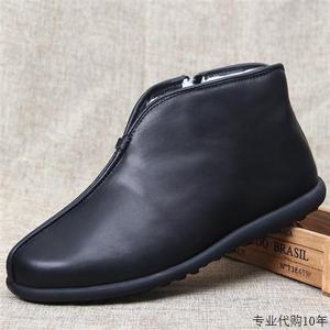 老北京布鞋男加绒老人鞋冬季雪地靴保暖爸爸棉鞋真皮羊毛一体皮鞋