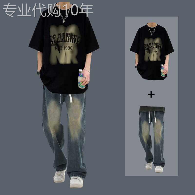 休闲 运动套装男夏季潮牌宽松印花短袖T恤搭配牛仔裤痞帅夏装一套