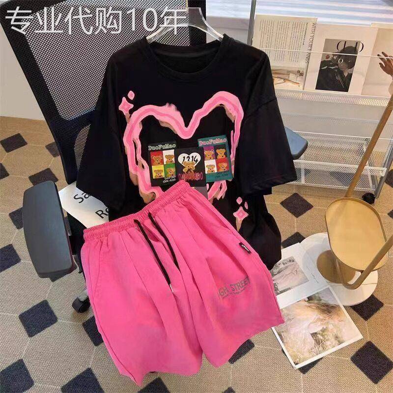潮牌时尚短袖短裤套装男士夏季多巴胺穿搭宽松大码休闲运动两件套