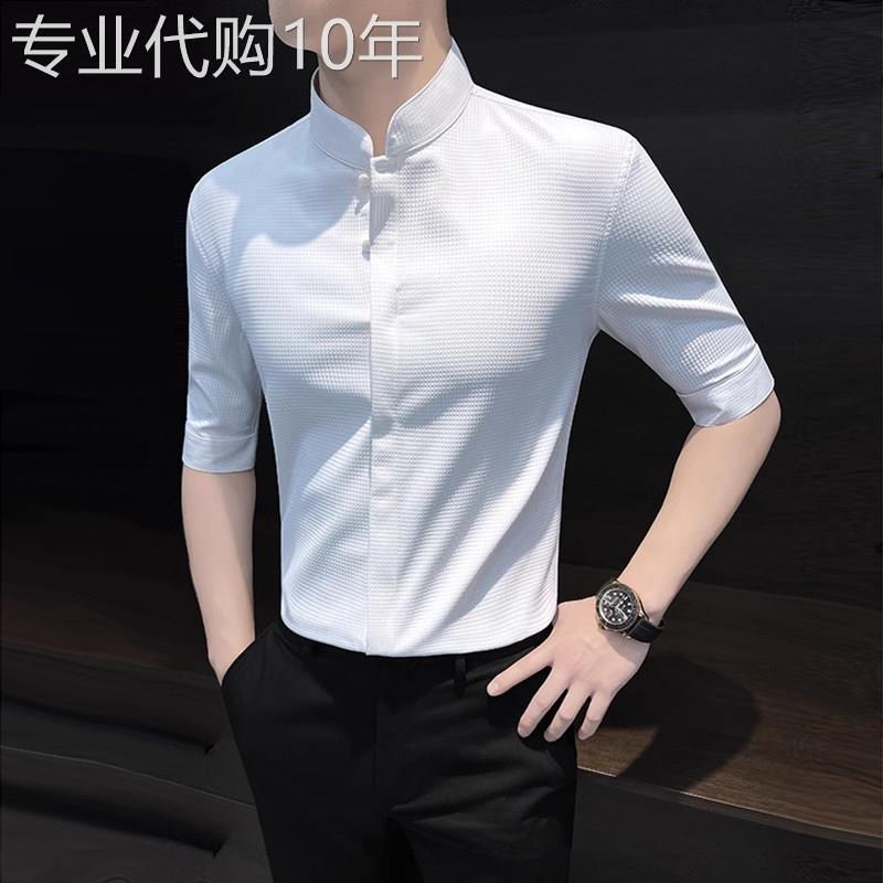 新中式短袖衬衫男士夏季中山领痞帅半截袖衬衫国风商务休闲 寸衣