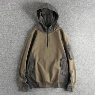代购阿美咔叽复古重磅加厚半开领连帽男款卫衣拼接设计感外套上衣