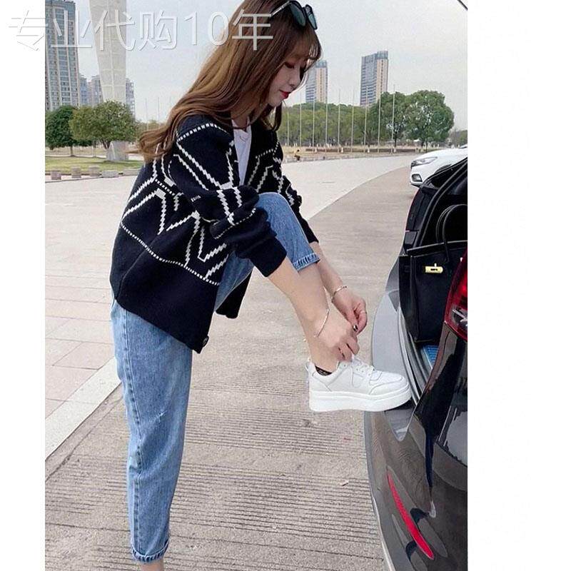 黑白撞色菱形格针织衫女秋冬深圳欧货开衫单排扣上衣短款毛衣外套