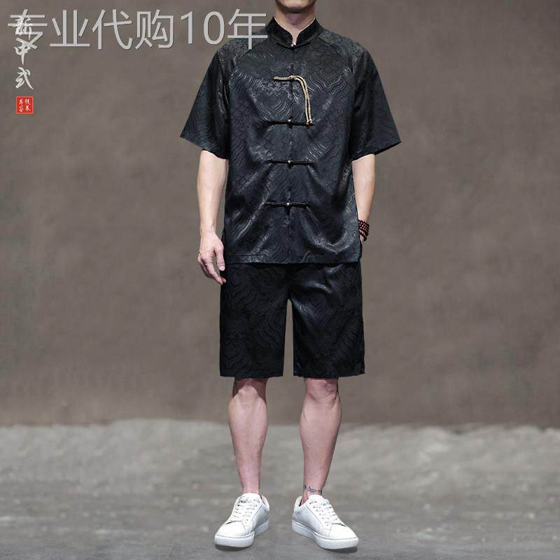 新中式铜扣唐装男士衬衫夏季薄款轻奢复古中山装透气短袖短裤套装