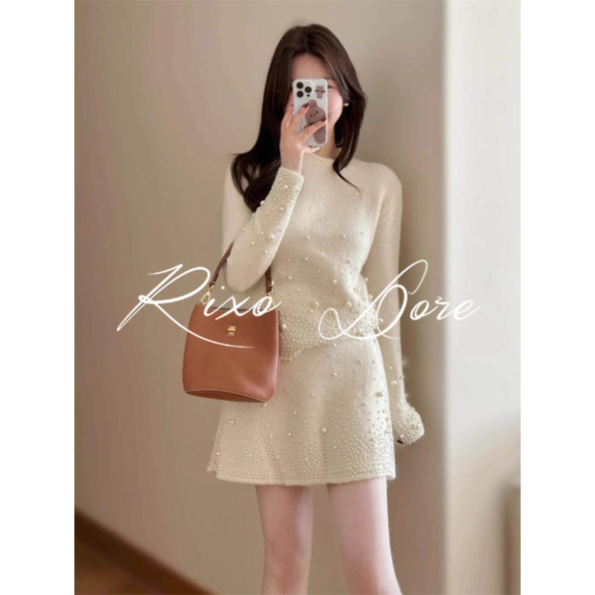 RIXO DORE法式白色珍珠针织毛衣短裙两件套秋冬女小香风设计套装