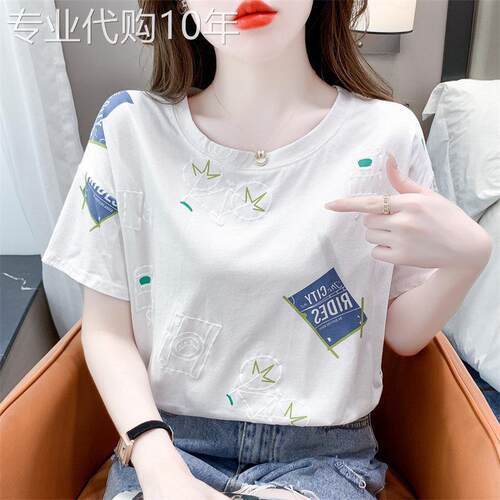 egmg纯棉白色短袖T恤女夏装新款百搭印花设计T恤衫时尚洋派上衣