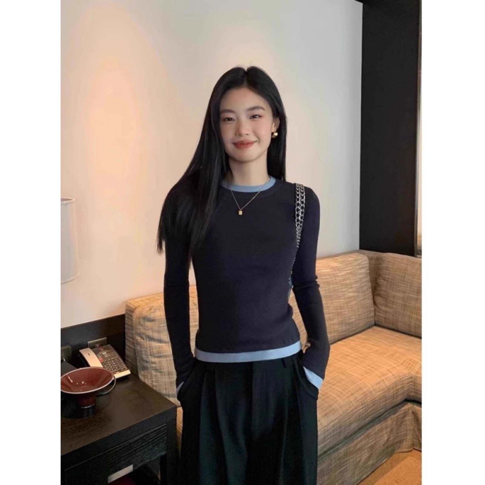 日系打底衫女秋冬季小个子撞色磨毛内搭外穿正肩修身长袖t恤上衣