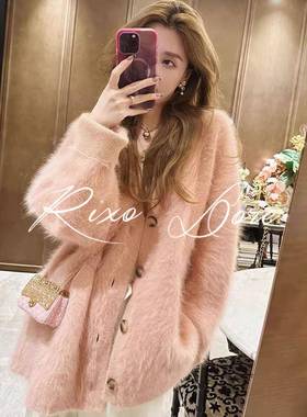 RIXO DORE法式新款加厚水貂绒毛衣粉色小香风中长款开衫针织外套