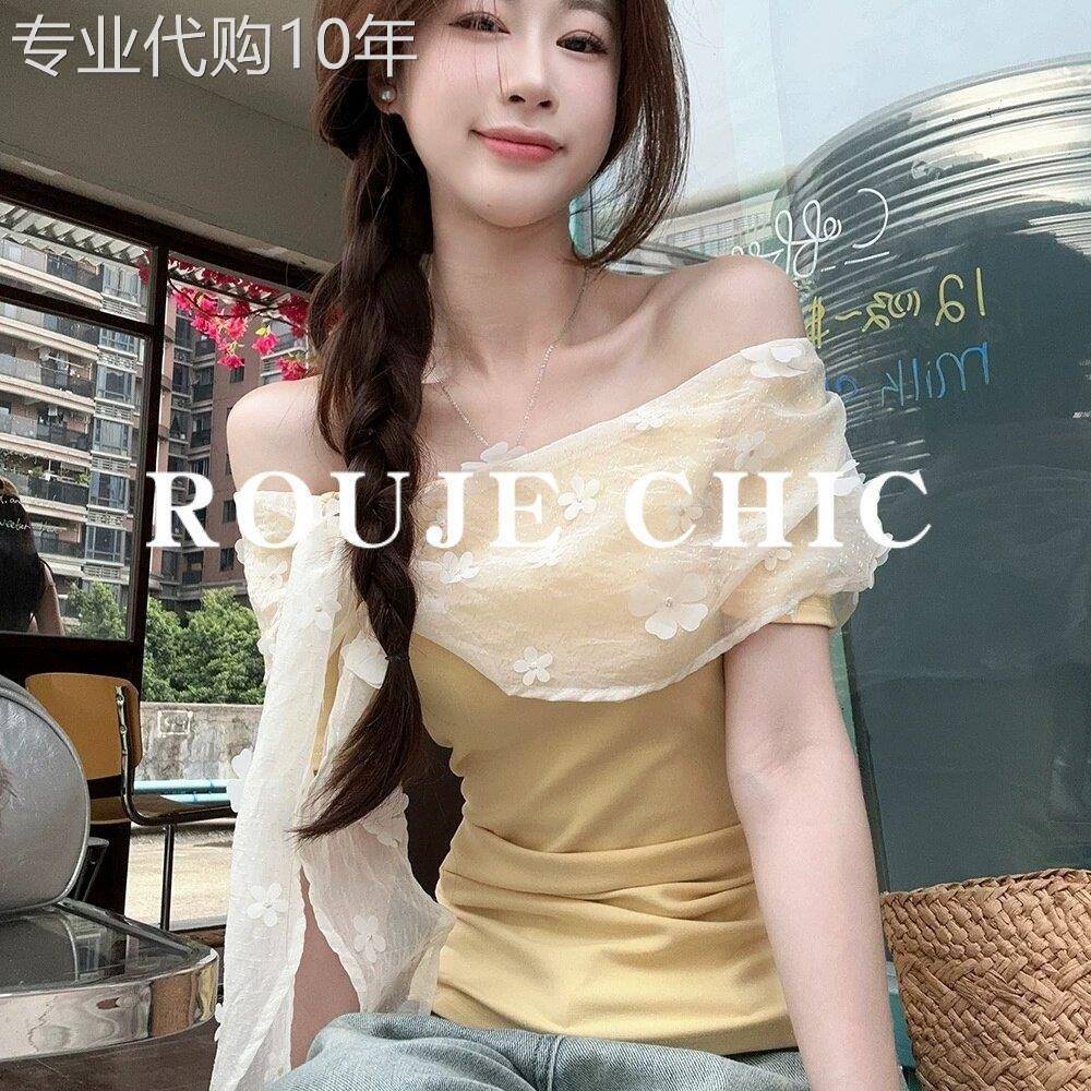 法国rouje chic法式蕾丝拼接黄色短袖t恤女夏季多巴胺一字肩上衣