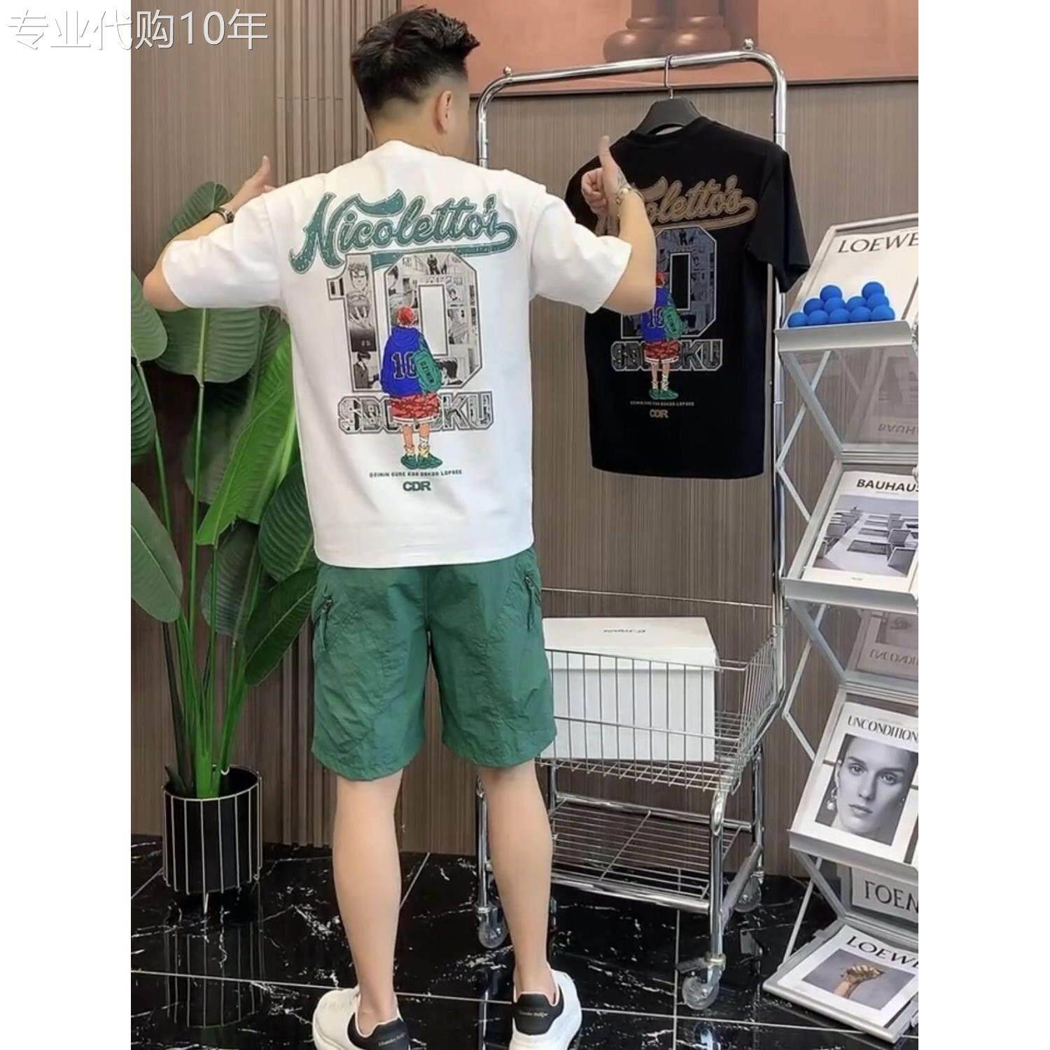 休闲套装男士夏季潮牌潮流修身印花短袖T恤工装短裤运动搭配一套