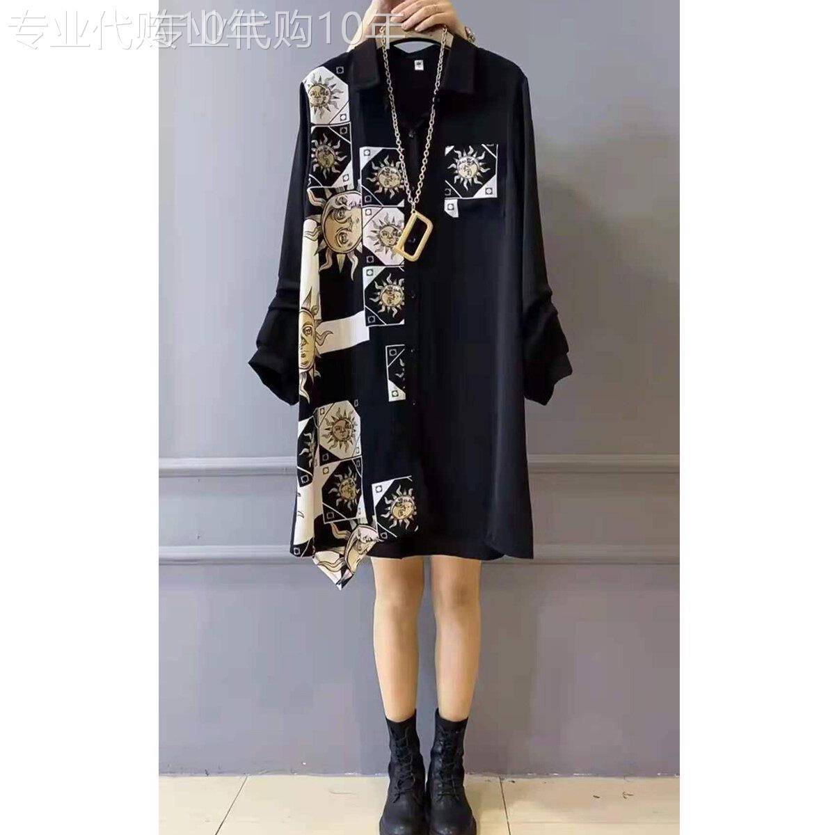 香港大码女装胖女孩春季新风格瘦身外观覆盖腹部的时尚拼接衬衫连