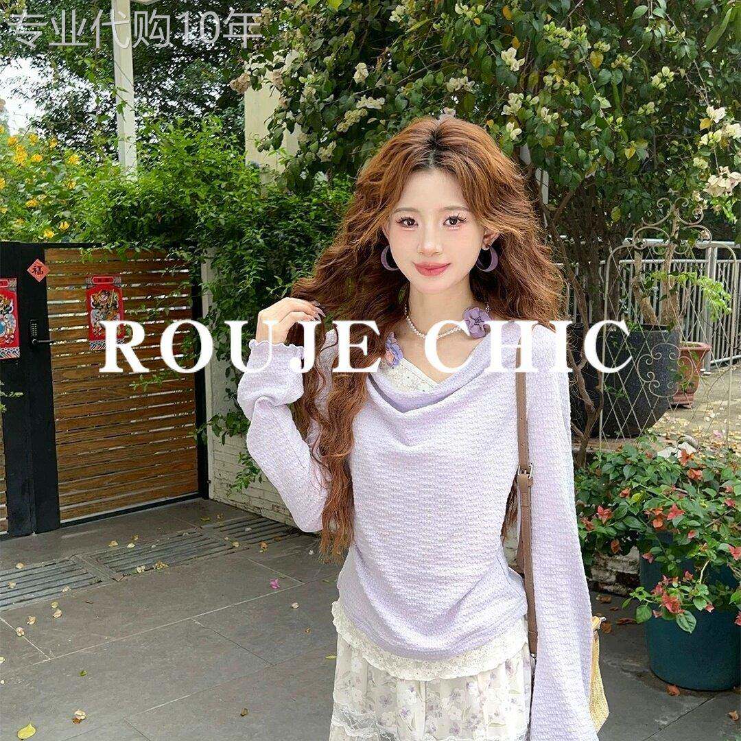 法国rouje chic假两件紫色蕾丝拼接长袖T恤女春季设计感收腰上衣