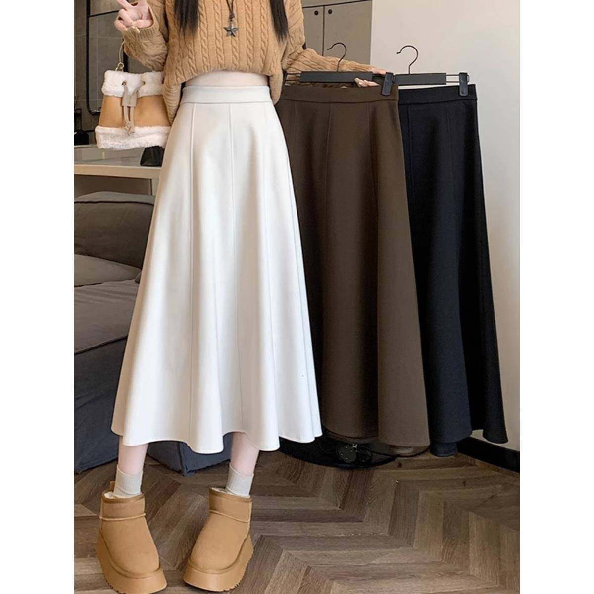 杏白色半身裙女春秋冬毛呢高腰a字裙显瘦遮胯遮肚子西装垂感伞裙