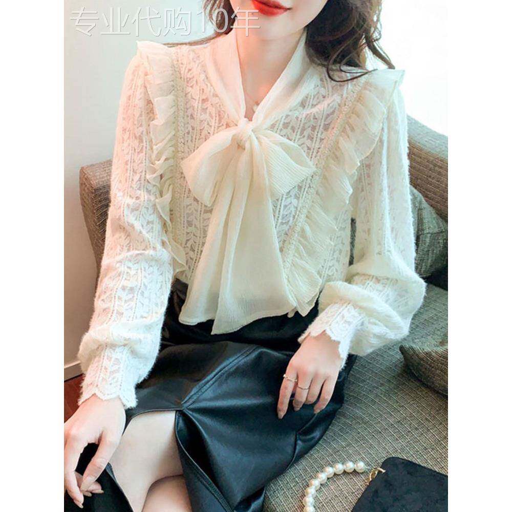 蕾丝衬衫妇女的春秋季风格内穿2025年新的宽松修身看薄蝴蝶结底衬